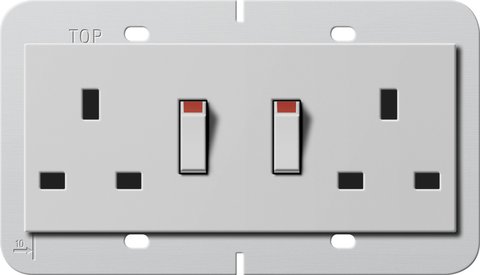 Gira British Standard double socket outlet (BS 1363-2) 13 A 250 V~ switched, with shutter Support ring 80 x 132 mm — grey matt (lacquered) — 2783015
