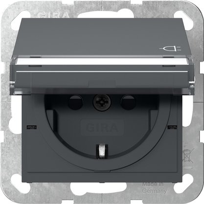 Gira SCHUKO socket outlet 16 A 250 V~ with hinged cover, inscription space and increased contact protection (Safety Plus) anthracite System 55 — 455728