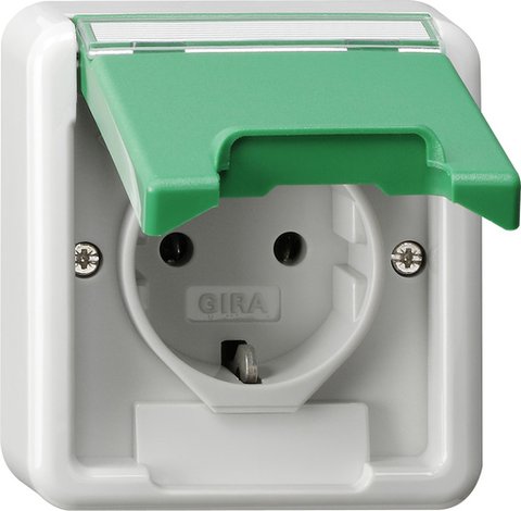 Gira SCHUKO socket outlet 16 A 250 V~ with hinged cover and inscription space (upper housing section) with green hinged cover and inscription space — 4450357