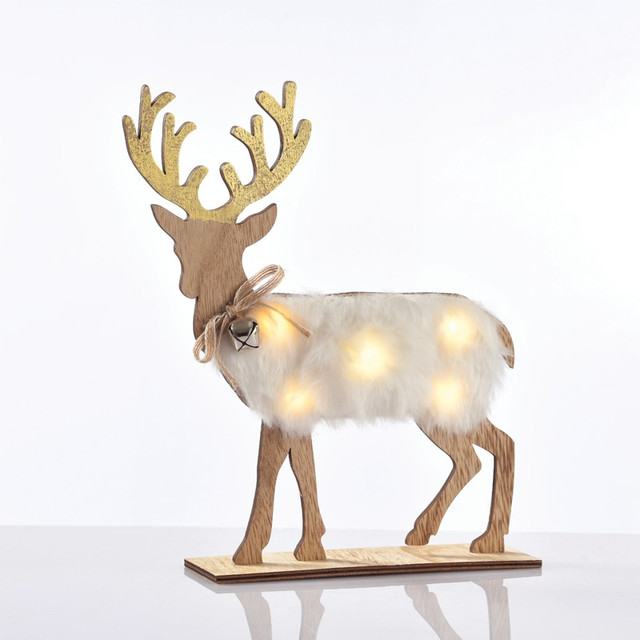 ACA Lighting "WOODEN WHITE FELT DEER", 5 MINI LED LIGHTS BATTER. (2xAAA), WW,IP20, 26X5X25CM — X06511212