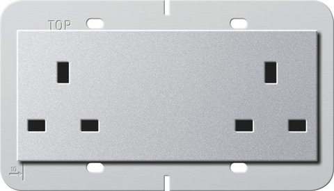 Gira British Standard double socket outlet (BS 1363-2) 13 A 250 V~ with shutter colour aluminium Support ring 80 x 132 mm — 278226