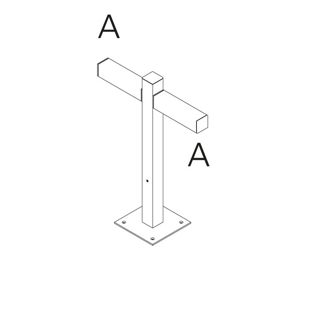 Technical diagram of Artemide Walking Palo outdoor post: square column on bolted base plate with perpendicular horizontal arm, labeled A