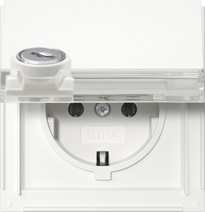 Gira SCHUKO socket outlet 16 A 250 V~ with hinged cover, inscription space and lock pure white with different lock types — 446766