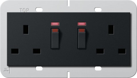 Gira British Standard double socket outlet (BS 1363-2) 13 A 250 V~ switched, with control light and shutter Support ring 80 x 132 mm — black matt (lacquered) — 2784005
