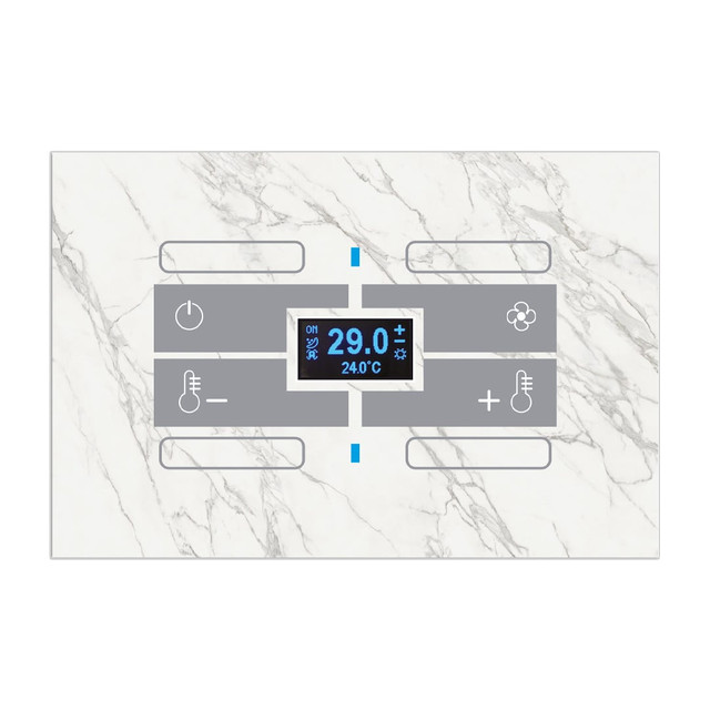Blumotix Glass Marble cover — KNX Glass Thermostat rectangular, marble effect, white, with 4 programmable functions — BX-F-RWMT4N