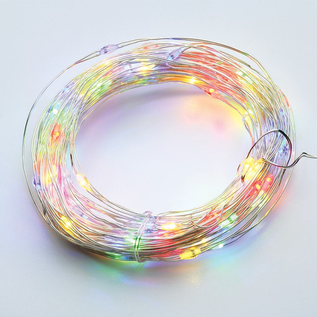 ACA Lighting 100 LED STRING LIGHTS TIMER RGBY SILVER COPPER WIRE & BAT.3XAA IP44 10m+10cm — X01100315 — manufacturer representative image