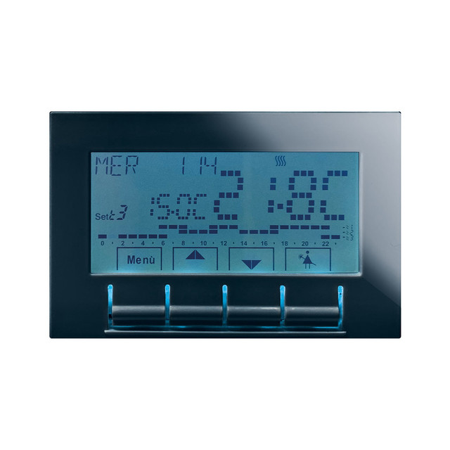 AVE Electronic chrono thermostat with display 230V, Life S44, color RAL 9017 – glossy finish – 3 Mod — 442CRT3