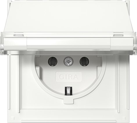 Gira SCHUKO socket outlet 16 A 250 V~ with hinged cover and inscription space pure white TX_44 — 441066