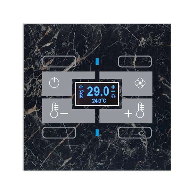 Blumotix Glass Marble cover — KNX Glass Thermostat square, marble effect, black, with 4 programmable functions — BX-F-QBMT4N