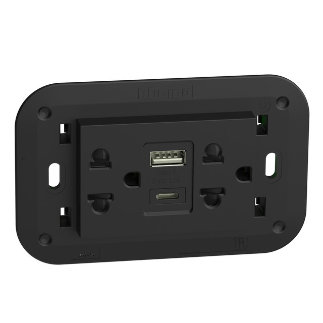 BTicino Euro american standard 2 P+E 16 A 127/250 Vac universal duplex socket - 5 Vdc type A and C USB charger — KG4185AC