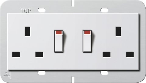 Gira British Standard double socket outlet (BS 1363-2) 13 A 250 V~ switched, with shutter pure white glossy Support ring 80 x 132 mm — 278303