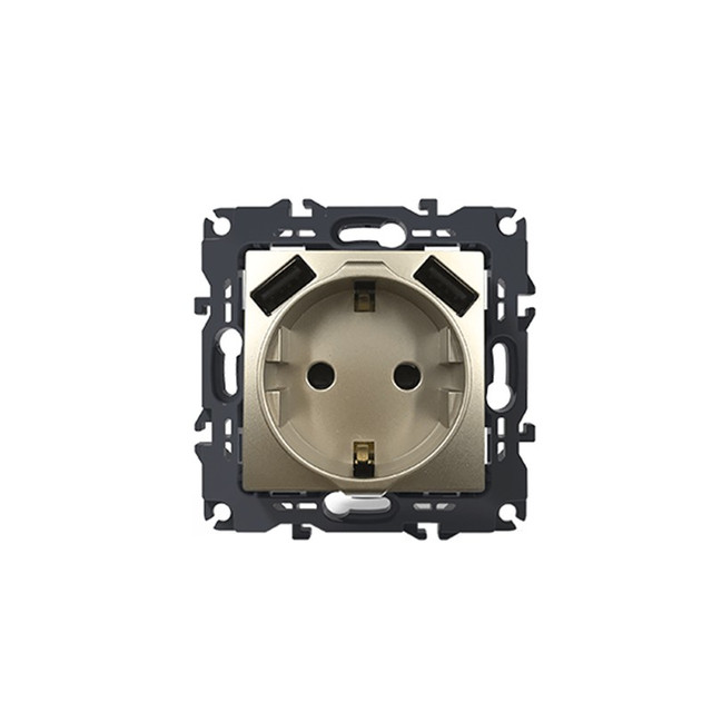ACA Lighting PRIME SCHUKO SOCKET WITH SAFETY SHUTTER 1x2P+E 16A 250VAC & 2 USB 5VDC 3.1A IP20 MATT CHAMPAGNE — 1000116304