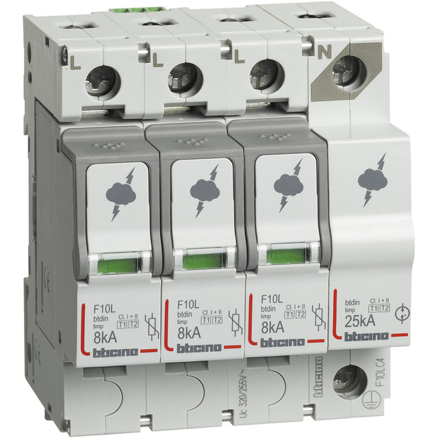 BTicino SPD 3P+N T1+T2 Imax=8KA - T2 Imax 60kA - with auxiliary contact — F10LC4