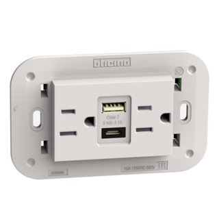 BTicino American standard 2 P+E 15 A 127/250 Vac universal duplex socket and 5 Vdc type A and C USB charger — KM4188AC