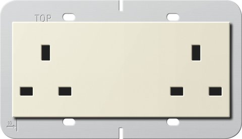 Gira British Standard double socket outlet (BS 1363-2) 13 A 250 V~ with shutter cream white glossy Support ring 80 x 132 mm — 278201