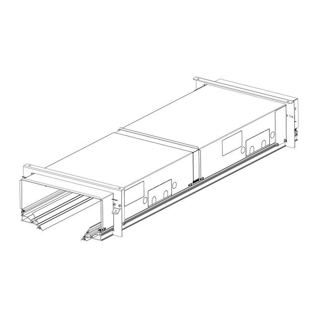 Artemide Vector Channel: isometric technical drawing of a recessed linear lighting channel module with open end connector and mounting brackets