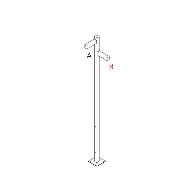 Artemide Walking Palo outdoor floor lamp: tall slim pole on square base, two rectangular LED heads labeled A and B pointing opposite directions