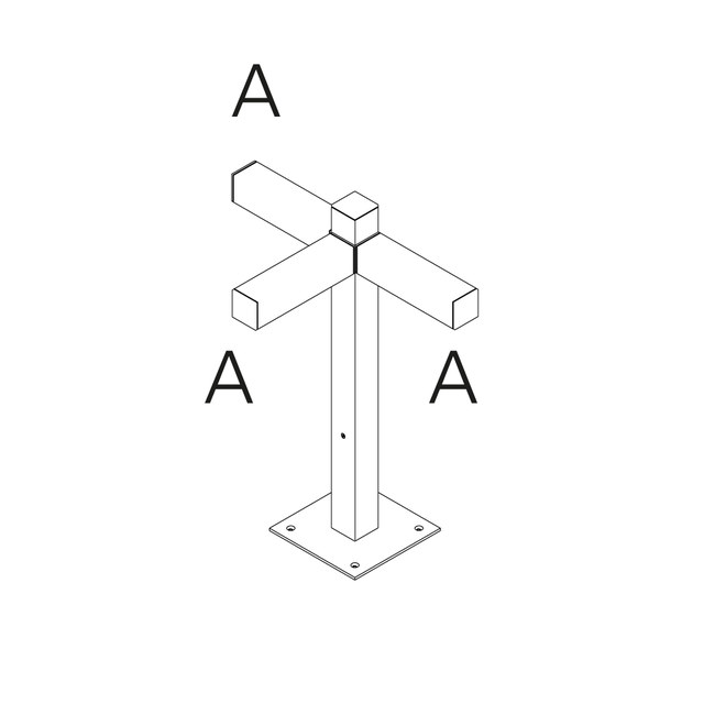 Technical diagram of Walking Palo base: vertical square post on floor plate with four horizontal arms extending from central junction, labeled A