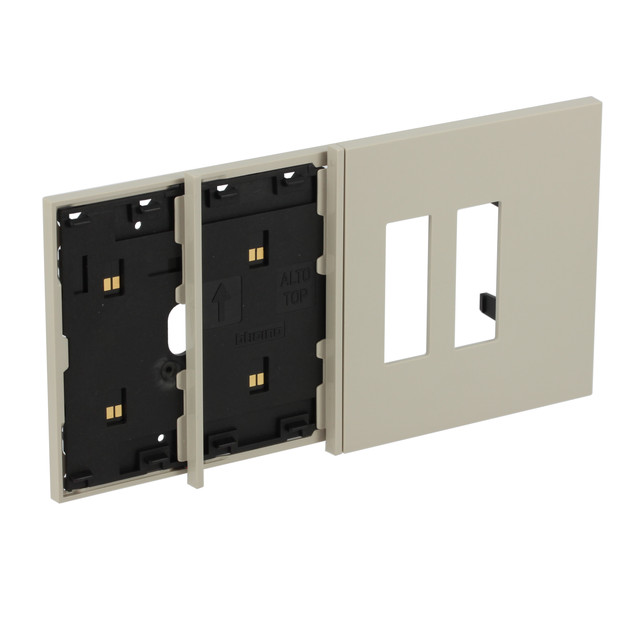 BTicino Electrified frame with double socket Italian escutcheon for 4-module box. Sand. — KM8104M02