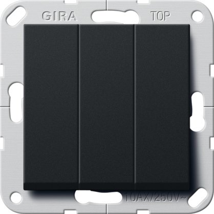 Gira British Standard rocker switch (BS EN 60669-1) 3-gang with rockers black matt (lacquered) 1-way switch — 2830005