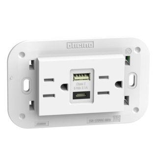 BTicino American standard 2 P+E 15 A 127/250 Vac universal duplex socket and 5 Vdc type A and C USB charger — KW4188AC