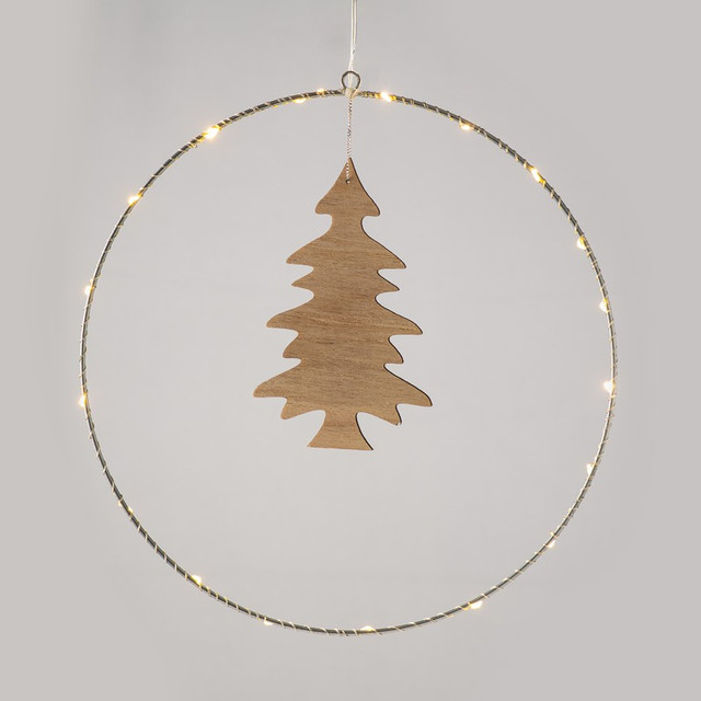 ACA Lighting "HANGING CIRCLE WOODEN TREE" 20 MINI LED WW SILVER COPPER LIGHTS WITH BATTERIES (3AA) IP20 Φ30CM (9.5Χ16CM), 30CM LEAD WIRE TR/NT CABLE — X09201106