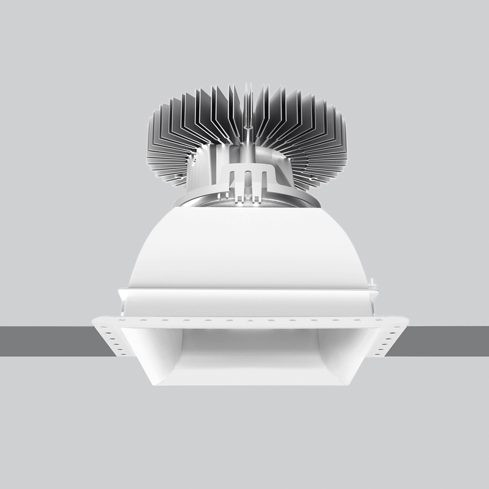 Artemide Luceri Kadro Trimless LED recessed downlight, square white frame, dome diffuser, exposed aluminum heat sink on top