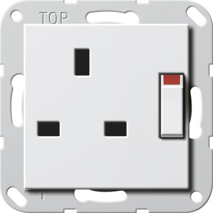 Gira British Standard socket outlet (BS 1363), 13 A 250 V~ switched, with shutter pure white glossy System 55 — 277803