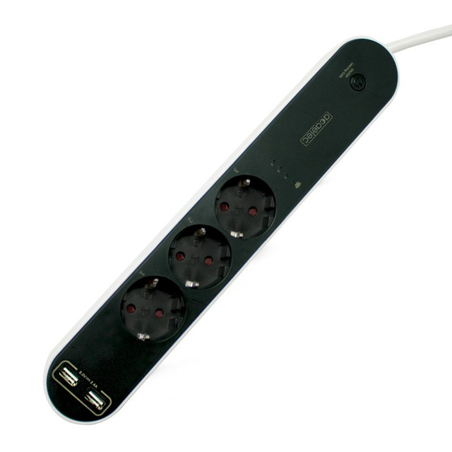 ACA Lighting WI-FI POWER STRIP 3-SHUCKO SOCKETS 16A 250V 3680W MAX EACH & 2 USB PORTS 2,4A 5V EACH — CM32SMART