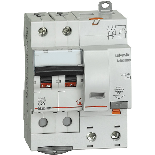 BTicino BTDIN RS - 2P Rcbo curve C - 4.5kA - Idn=0,03A type AC - 230V - In=20A — GC8230AC20