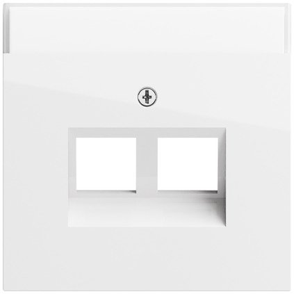 Gira Cover with 30° angled socket outlet and inscription space for support ring Modular Jack, 2-gang pure white glossy — 264070