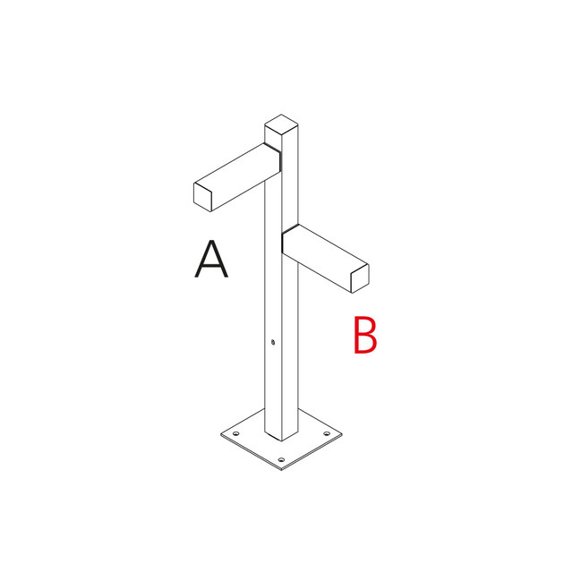 Technical diagram of Walking Palo floor post with two perpendicular rectangular arms labeled A and B, mounted on a square base plate