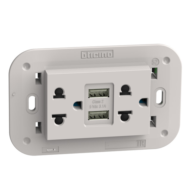 BTicino Euro american standard 2 P+E 16 A 127/250 Vac universal duplex socket - 5 Vdc type A USB charger — KM4185AA