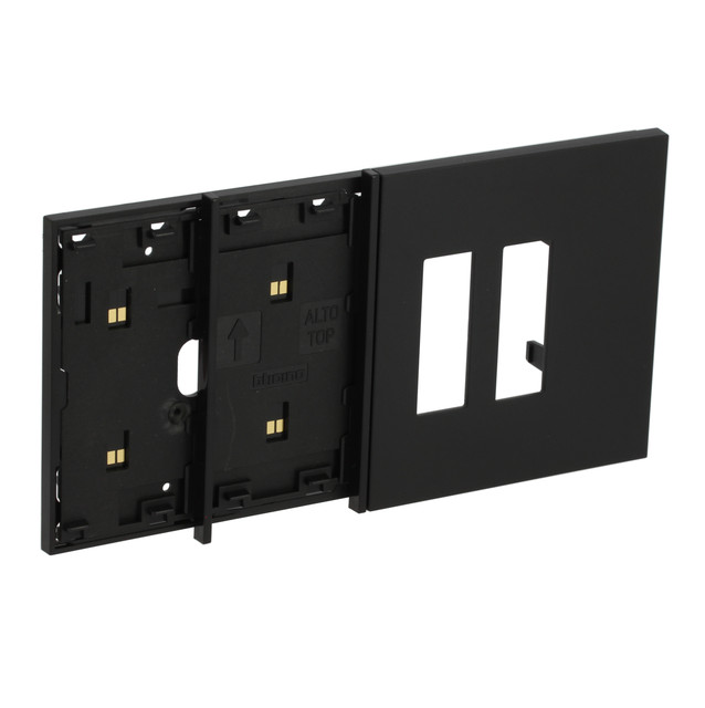 BTicino Electrified frame with double socket Italian escutcheon for 4-module box. Black. — KG8104M02