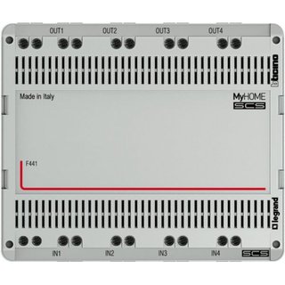 BTicino 6 DIN audio video node set up with 4 input terminals and 4 output terminals — F441
