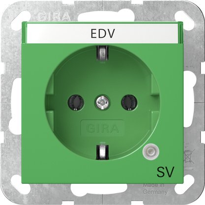 Gira SCHUKO socket outlet 16 A 250 V~ with green control light and inscription space green glossy with green cover and imprint "SV" (safety power supply) — 4452107
