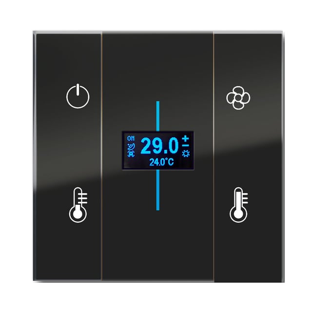 Blumotix Glass Vertical cover — Square glass thermostat, black on black base, 4 functions — BX-F-QQBVT