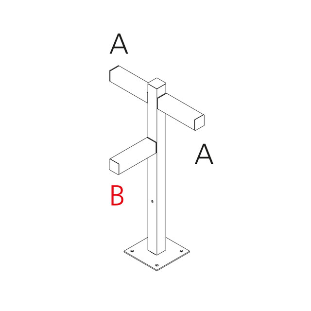 Technical diagram of Artemide Walking Palo floor lamp: vertical pole on square base plate, two horizontal rectangular arms labeled A, pole labeled B