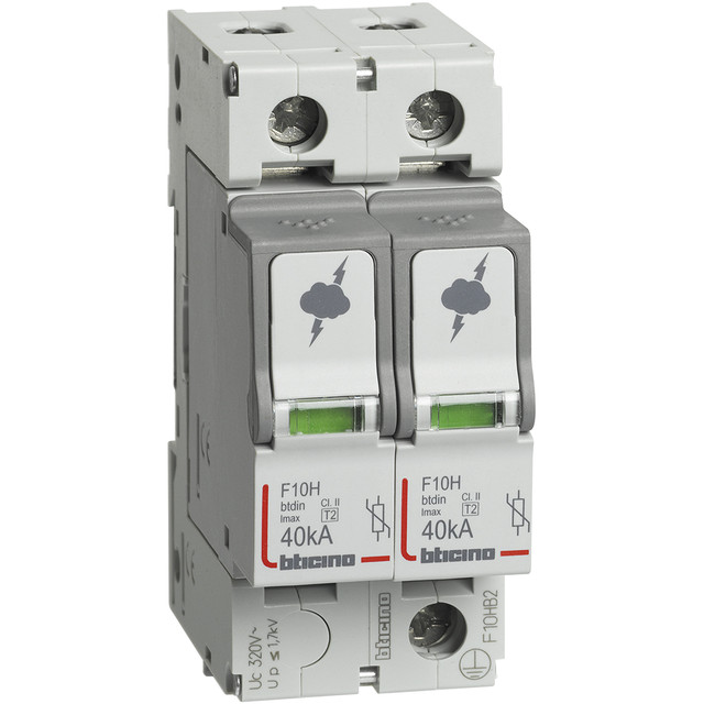 BTicino SPD - 2P - Type T2 - Imax=40kA - Up=1.7kV - Uc=320Vac - 2 modules — F10HB2