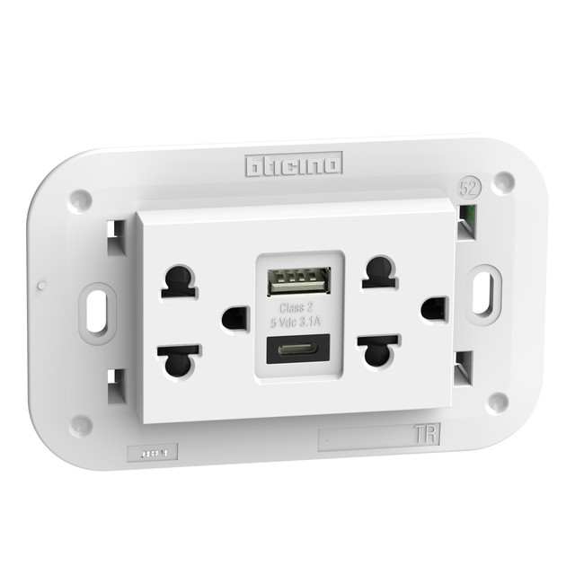 BTicino Euro american standard 2 P+E 16 A 127/250 Vac universal duplex socket - 5 Vdc type A and C USB charger — KW4185AC