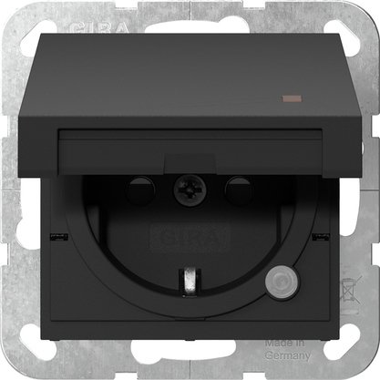 Gira SCHUKO socket outlet 16 A 250 V~ with hinged cover, orange control light and increased contact protection (Safety Plus) black matt (lacquered) System 55 — 4552005
