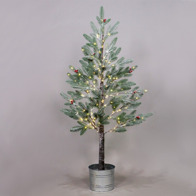 ACA Lighting “SNOW PINE TREE WITH RED CHERRY AND POT” 168 WW LED LIGHTS ADAPT. (4,5V) IP44 H:120CM Ø20CM 3M LEAD CABLE — X10168144