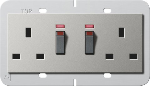Gira British Standard double socket outlet (BS 1363-2) 13 A 250 V~ switched, with control light and shutter Support ring 80 x 132 mm — stainless steel (lacquered) — 2784600