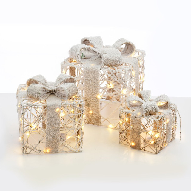 ACA Lighting SET "RATTAN GIFT BOX, NATURAL BURLAP BOW" 90(20+30+40) WW MINI LED LIGHTS BATTER. 3*3ΑΑ IP20 18,24,30CM — X1190113