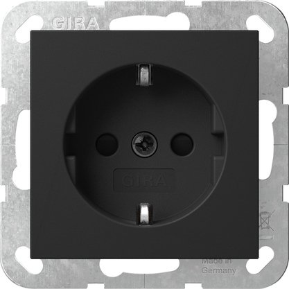 Gira SCHUKO socket outlet 16 A 250 V~ with increased contact protection (Safety Plus) black matt (lacquered) without mounting claws — 4755005