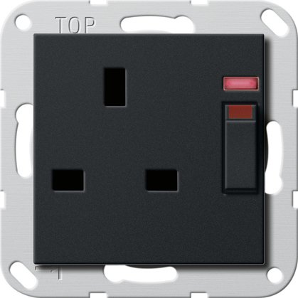 Gira British Standard socket outlet (BS 1363-2) 13 A 250 V~ switched, with control light and shutter black matt (lacquered) System 55 — 2780005