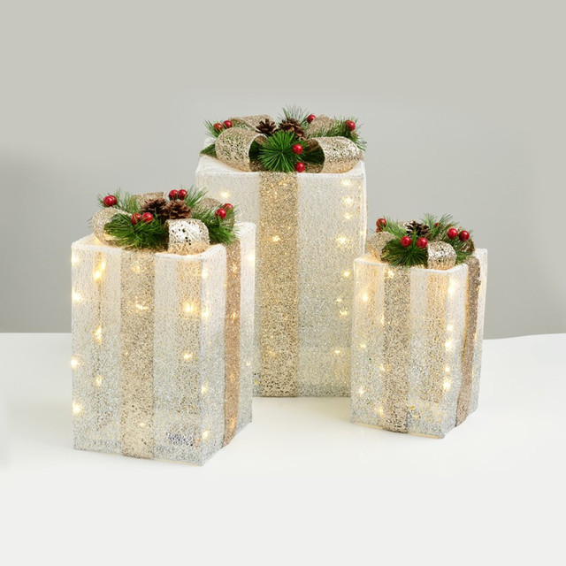 ACA Lighting SET "WHITE&SILVER GIFT BOX, CHAMPAGNE GOLD BOW" 90(20+30+40) WW MINI LED BAT 3*3ΑΑ IP20 30,36,41CM — X11901116