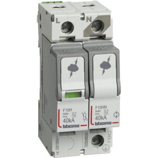 BTicino SPD - 1P+N - Type T2 - Imax=40kA - Up=1.7kV - Uc=320Vac - 2 modules — F10HC2