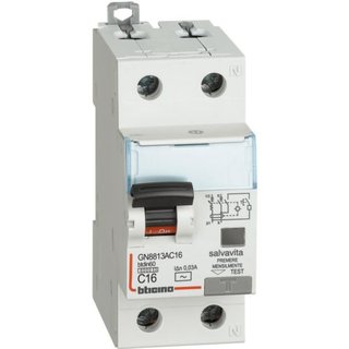 BTicino BTDIN60 - Rcbo 1P+N - type AC - In= 16A - Icn= 6kA - Vn=230Vac - Idn= 30mA — GN8813AC16