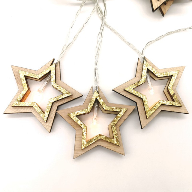 ACA Lighting "WOODEN GOLD GLITTER STARS", 10 LED STRING LIGHTS BATTERIES (3xAA), WW, IP20, 135+30cm, TRAN/NT LEAD CABLE — X061011206B